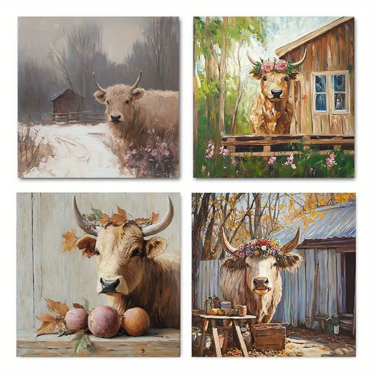 4pcs Abstract Highland Cow Art Wall Art Canvas Framed - Bella Home Decor
