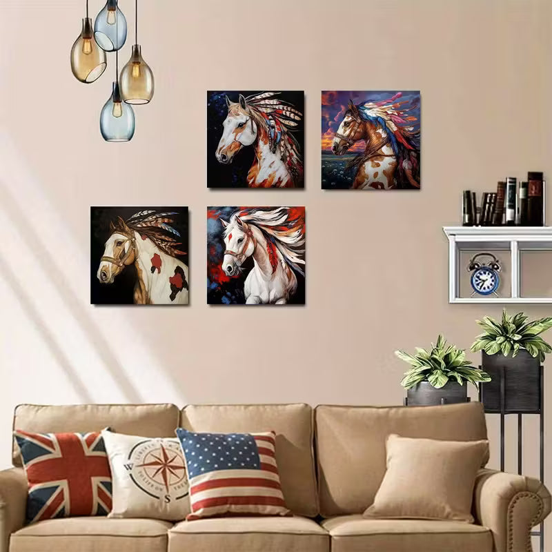 4pcs Horse Head Vibrant Colorful Feathers d Wall Art Canvas Framed