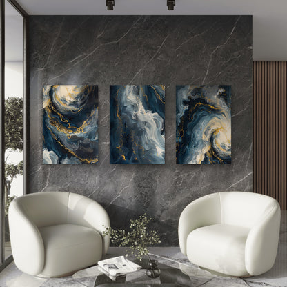 3pcs Modern Abstract Blue Gold Fluid Ocean Wall Art Set Canvas Framed 50x70cm - High Quality Print 100% Australian Made Wall Canvas Ready to Hang