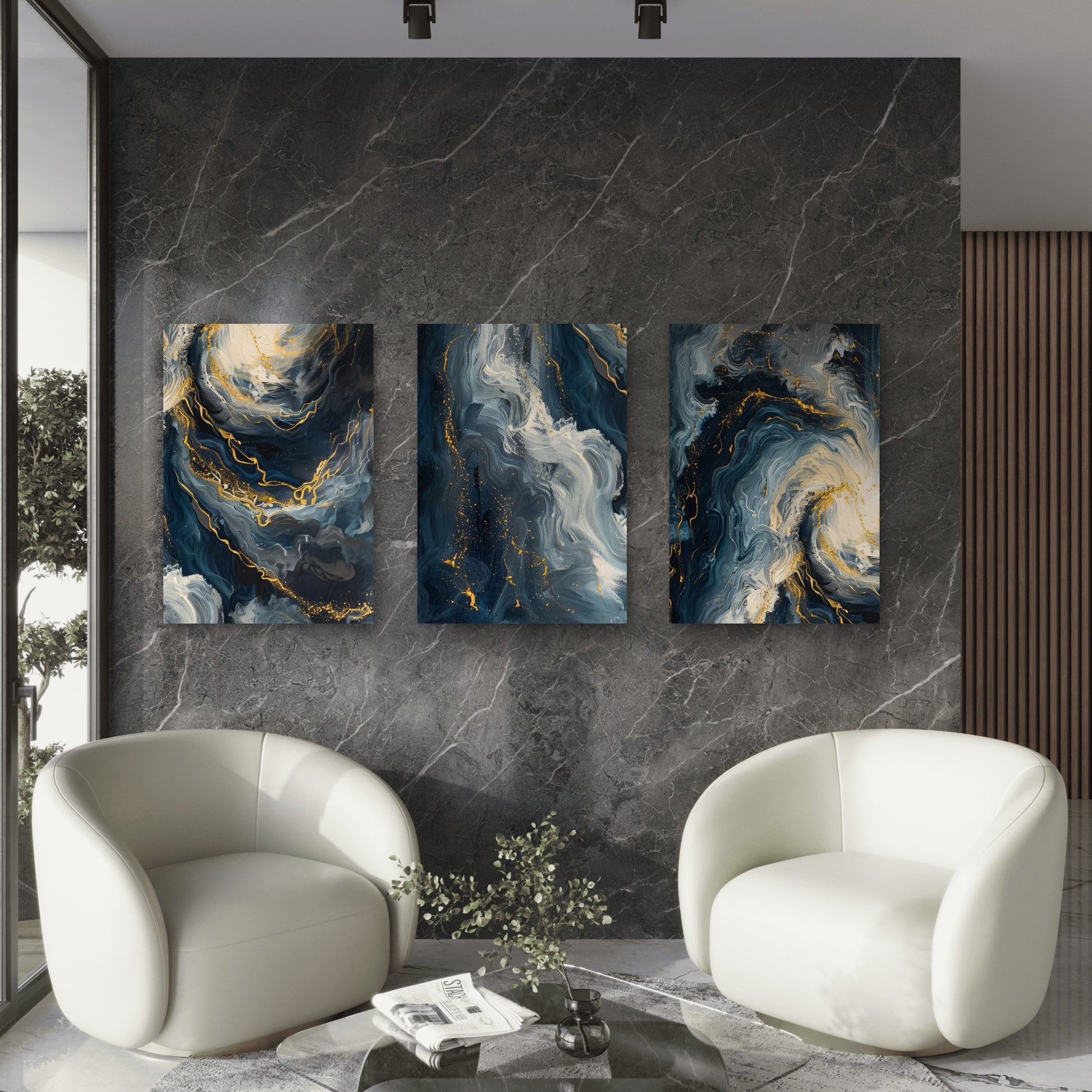 3pcs Modern Abstract Blue Gold Fluid Ocean Wall Art Set Canvas Framed 60x90cm - High Quality Print 100% Australian Made Wall Canvas Ready to Hang