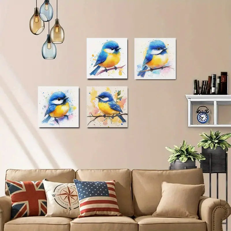 4pcs  Vintage Abstract Bluebird a  BL Wall Art Canvas Framed