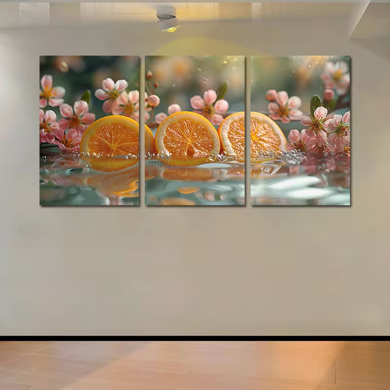 3pcs Vibrant Lemon & Pink Cherry Blossom Design Wall Art Set Canvas Framed 50x70cm - High Quality Print 100% Australian Made Wall Canvas Ready to Hang