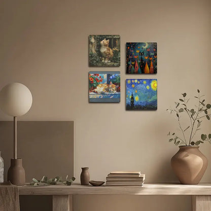 4pcs Cute Cat Decor Wall Art Canvas Framed