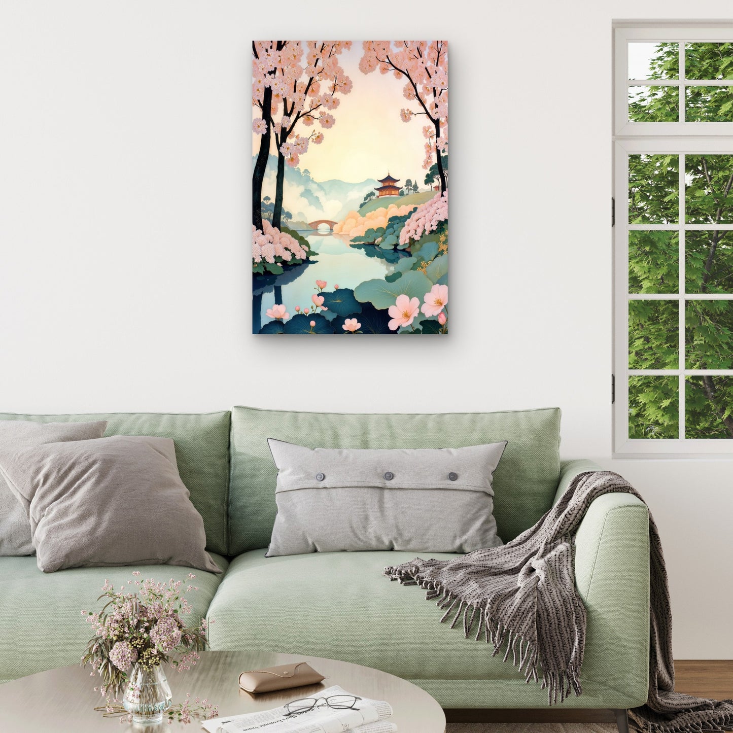 Japanese Cherry Blossom Pagoda Temple 40x60cm Metal Print Ready to Hang