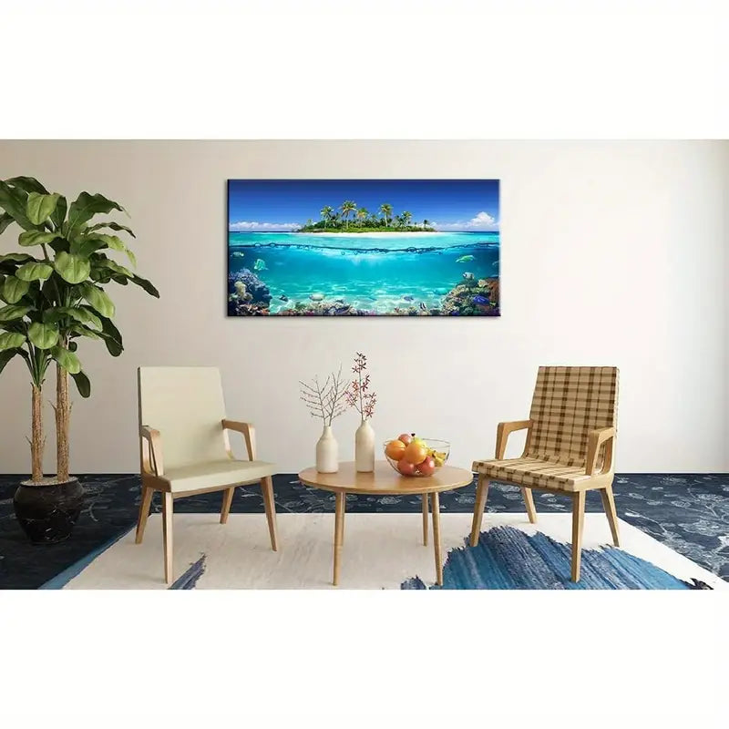 Vibrant Tropical Oceanic Split Waterline Scenery Palm Trees & Coral Reefs Wall Art canvas office home room framed 120x60cm - Bella Home Decor