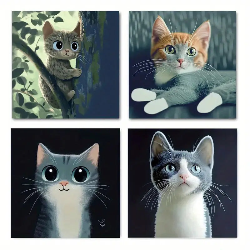 4pcs Charming Blue Cat Modern Wall Art Canvas Framed