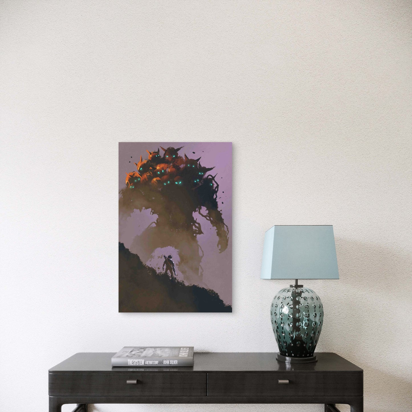 Warrior Facing Giant Multi-head Monster Metal Print Ready to Hang