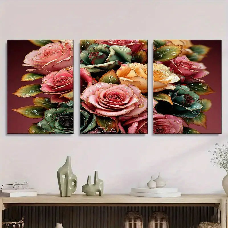 3pcs Rose Bouquet Floral Painting Metal Print Ready to Hang Art