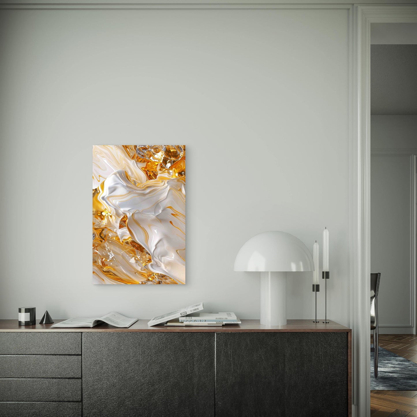 Abstract Gold and White Fluid Metal Print Ready to Hang