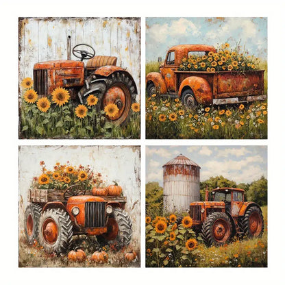 4pcs Sunflower Tractor Art Prints Wall Art Canvas Framed