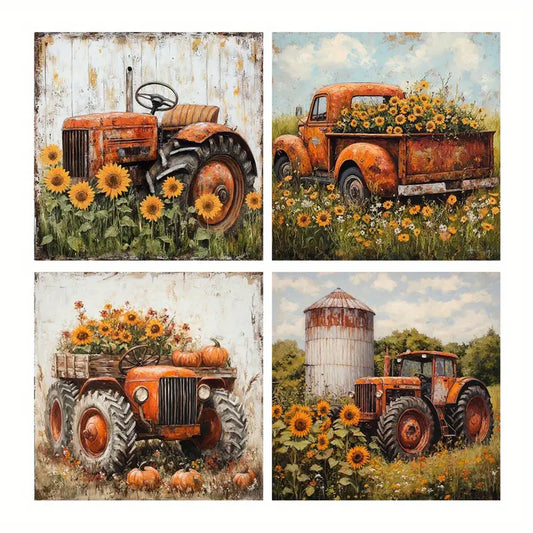 4pcs Sunflower Tractor Art Prints Wall Art Canvas Framed