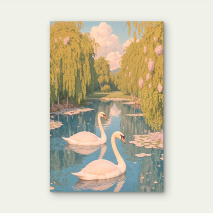 White Swans Pond Weeping Willow 40x60cm Metal Print Ready to Hang