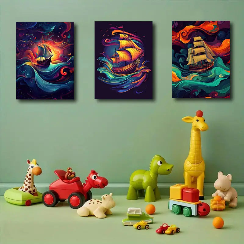 3pcs Vibrant Sailing Ships Metal Print Ready to Hang Art