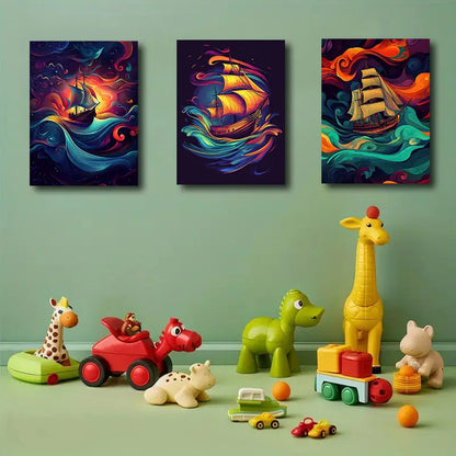 3pcs Vibrant Sailing Ships Metal Print Ready to Hang Art