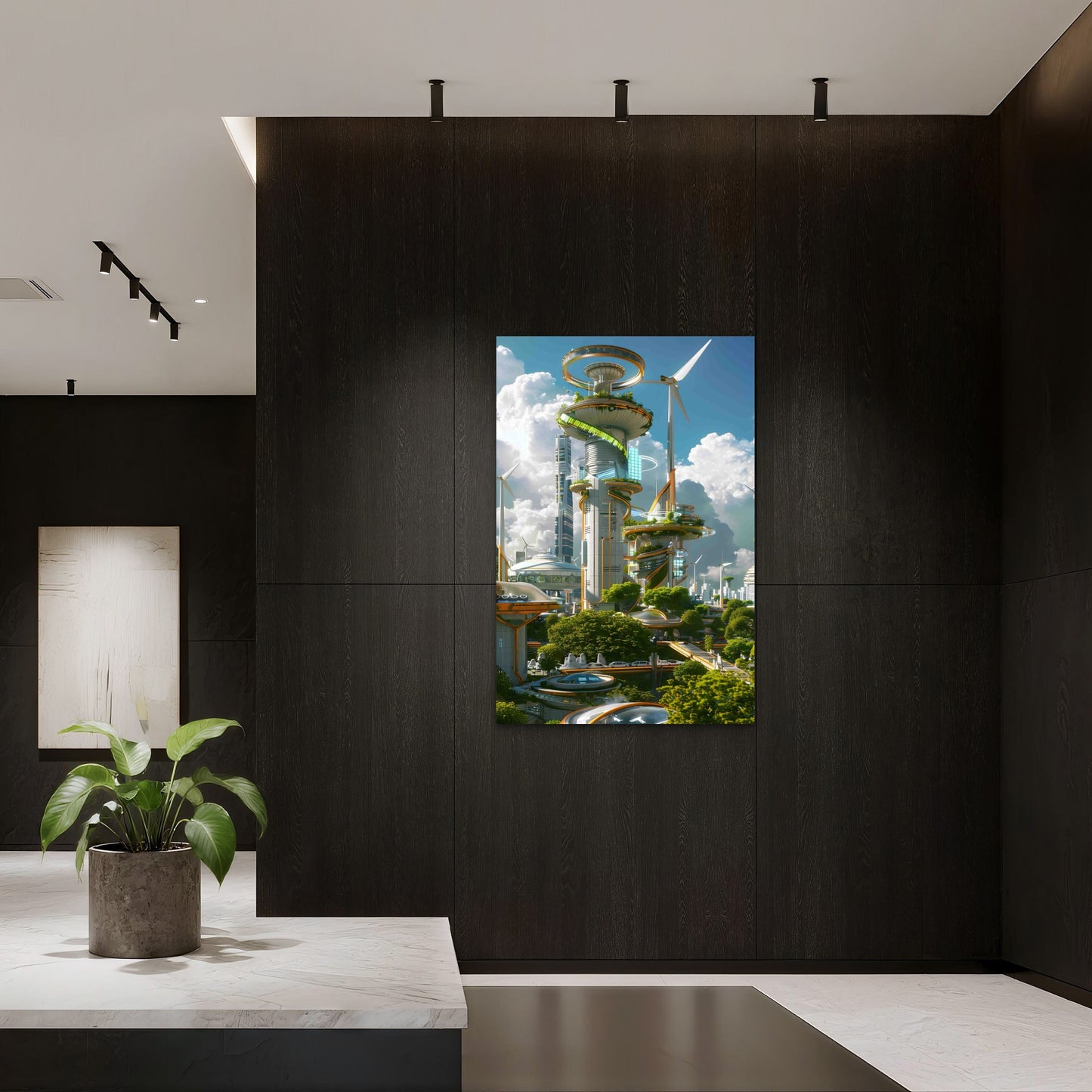 Metropolis Futuristic Cityscape With Green Energy 60x90cm Metal Print Ready to Hang - Bella Home Decor