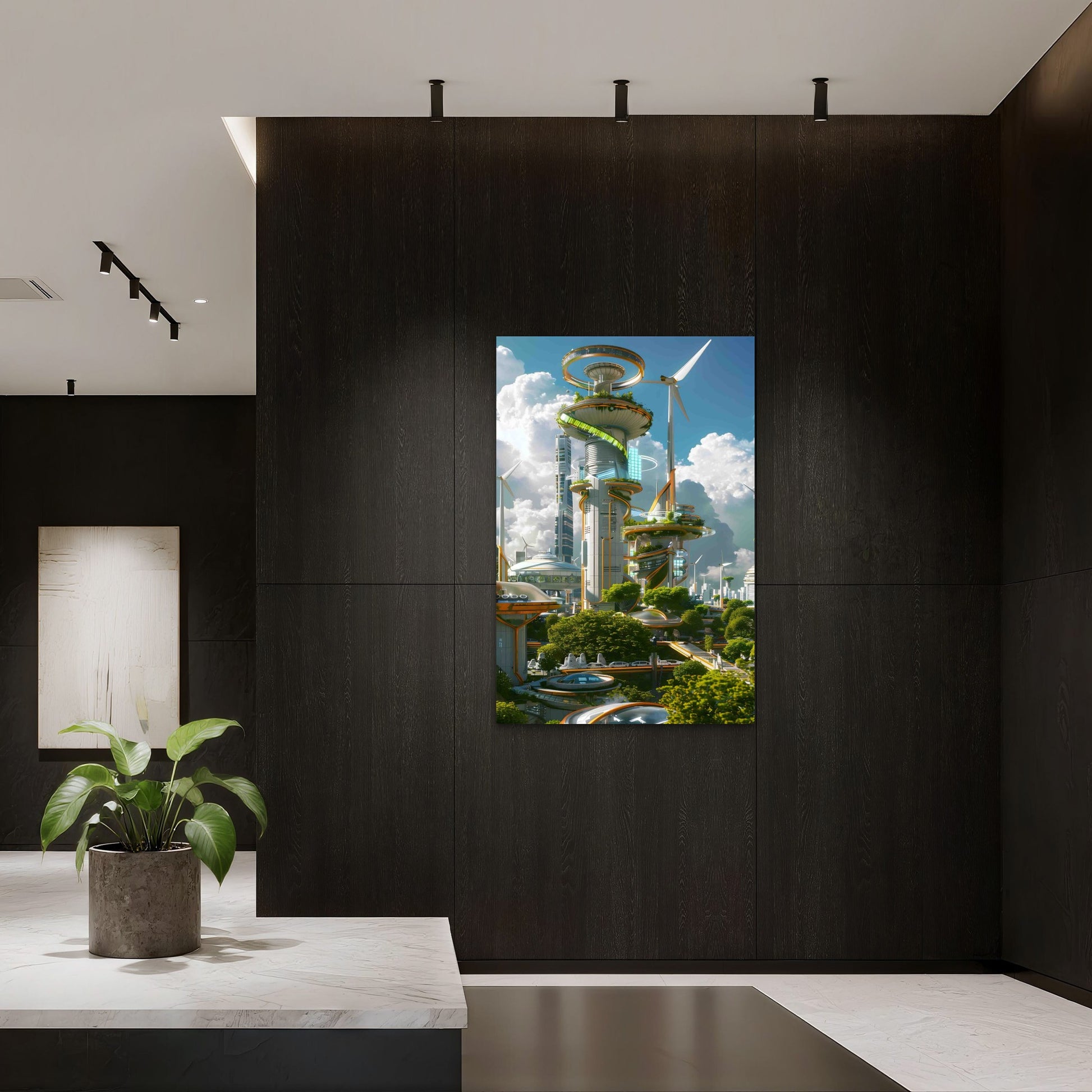 Futuristic Cityscape With Green Energy 40x60cm Metal Print Ready to Hang - Bella Home Decor