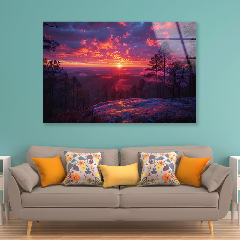 Sunset in the Mountains, Trees Acrylic Glass Print Tempered Glass Wall Art 100% Made in Australia Ready to Hang - Bella Home Decor