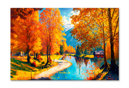 Reflection Of Autumn Trees In Water Oil Painting Wall Art Limited Edition High Quality Print Stretched Canvas None