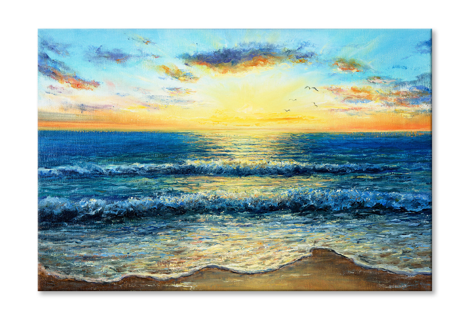 Waves In Sea & Sunset Over The Beach Oil Painting Wall Art Limited Edition High Quality Print Stretched Canvas None