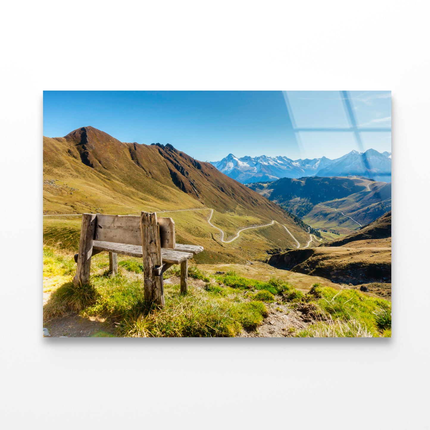 Bench Overlooking a Valley with Grass & Mountains Acrylic Glass Print Tempered Glass Wall Art 100% Made in Australia Ready to Hang