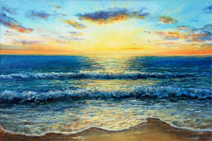 Waves In Sea & Sunset Over The Beach Glass Framed Wall Art, Ready to Hang Quality Print