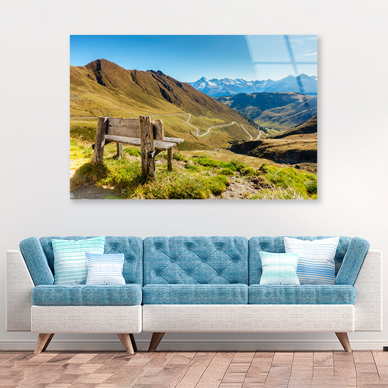 Bench Overlooking a Valley with Grass & Mountains Acrylic Glass Print Tempered Glass Wall Art 100% Made in Australia Ready to Hang