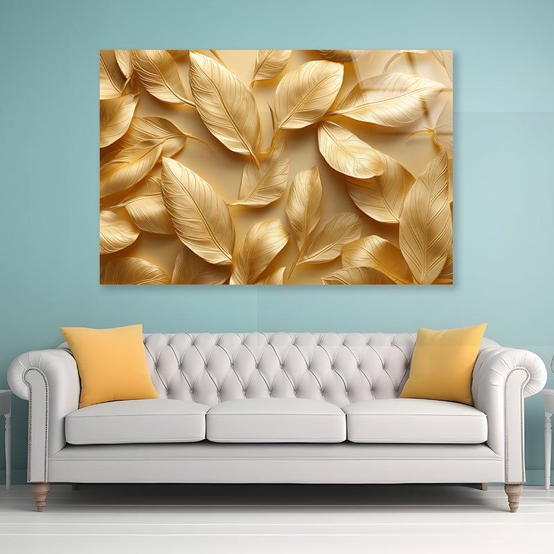 Collection of Golden Leaves Acrylic Glass Print Tempered Glass Wall Art 100% Made in Australia Ready to Hang - Bella Home Decor