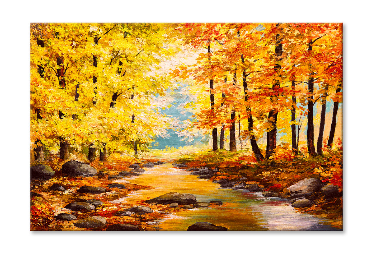 Autumn Trees In Forest With River Oil Painting Wall Art Limited Edition High Quality Print Stretched Canvas None