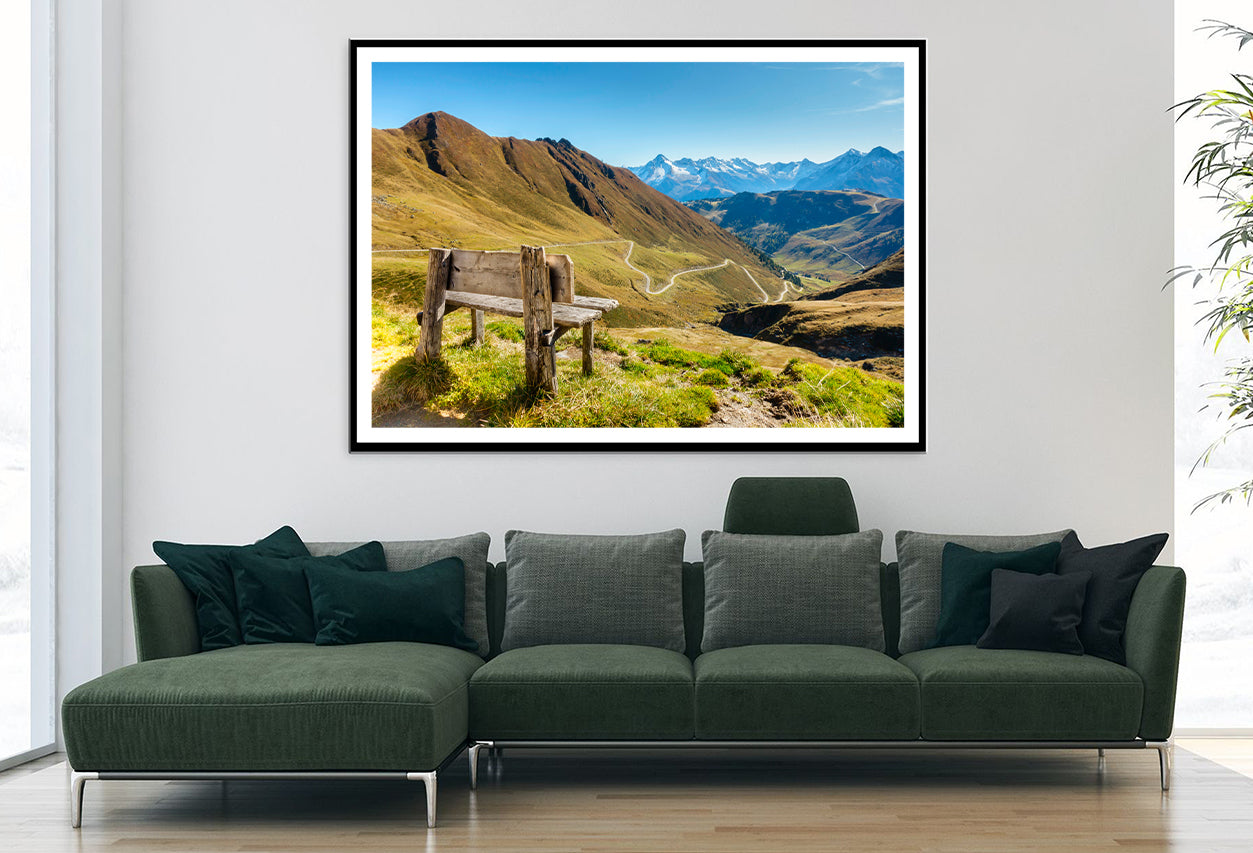 Bench Overlooking a Valley with Grass & Mountains Home Decor Premium Quality Poster Print Choose Your Sizes