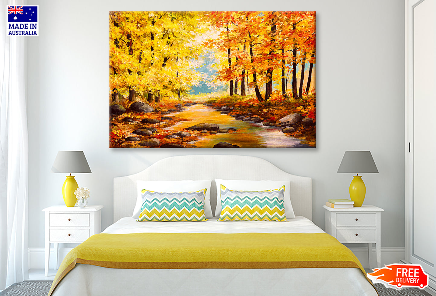 Autumn Trees In Forest With River Oil Painting Wall Art Limited Edition High Quality Print