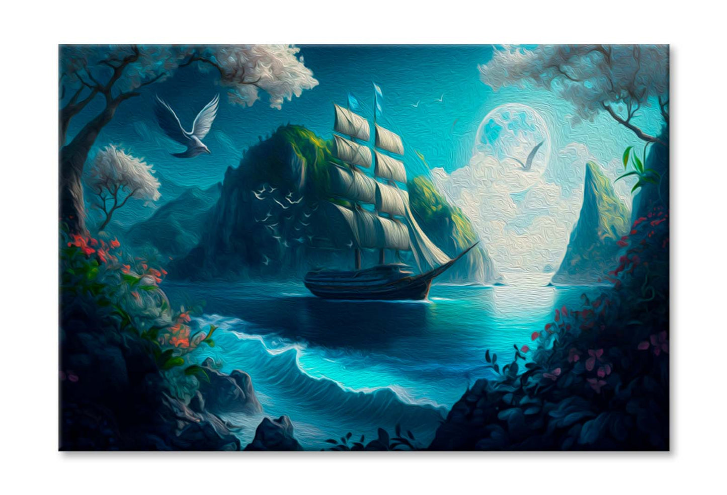 Sailing Boat in Sea and A Bird, Colorful Flowers, Mountain Wall Art Limited Edition High Quality Print