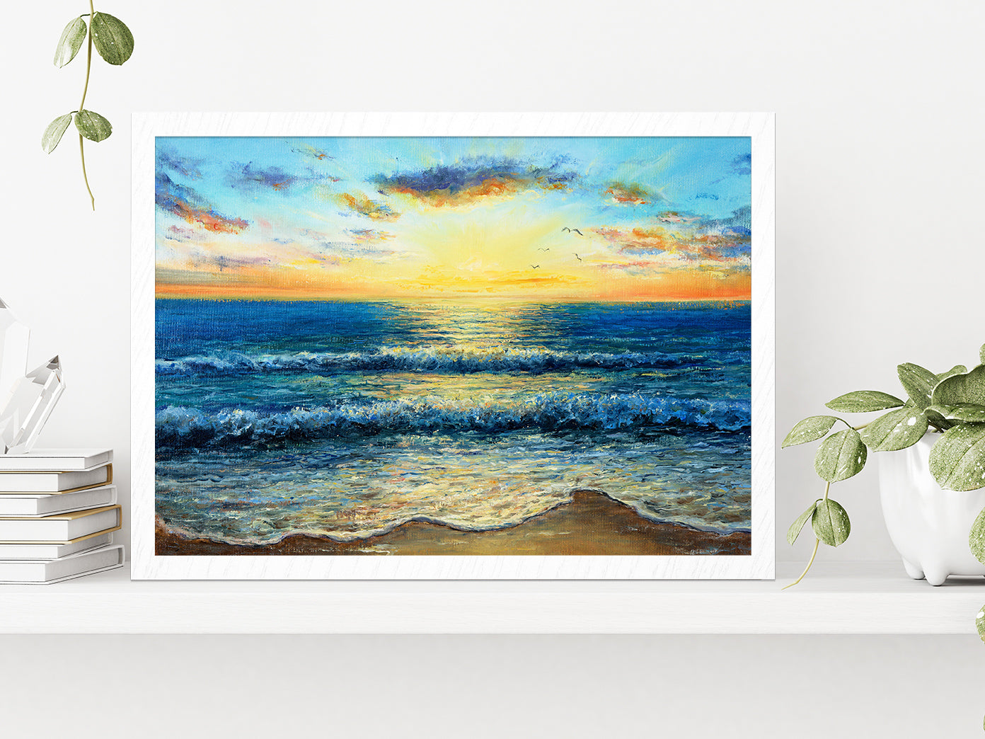 Waves In Sea & Sunset Over The Beach Glass Framed Wall Art, Ready to Hang Quality Print Without White Border White