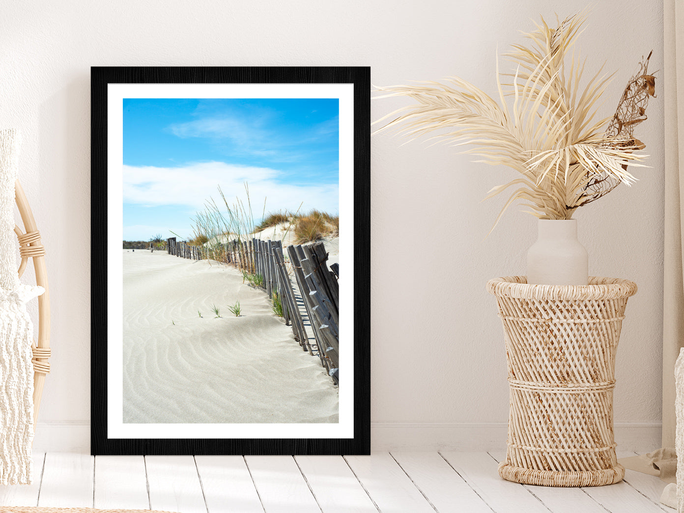 Old Wood Beach Fence near Sand Sea Photograph Glass Framed Wall Art, Ready to Hang Quality Print With White Border Black