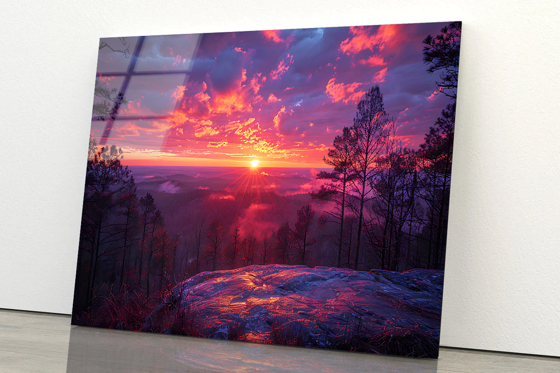 Sunset in the Mountains, Trees Acrylic Glass Print Tempered Glass Wall Art 100% Made in Australia Ready to Hang - Bella Home Decor
