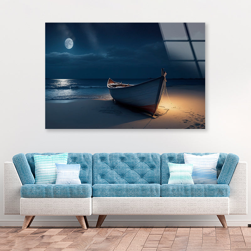 Boat on the Beach in the Night Acrylic Glass Print Tempered Glass Wall Art 100% Made in Australia Ready to Hang - Bella Home Decor