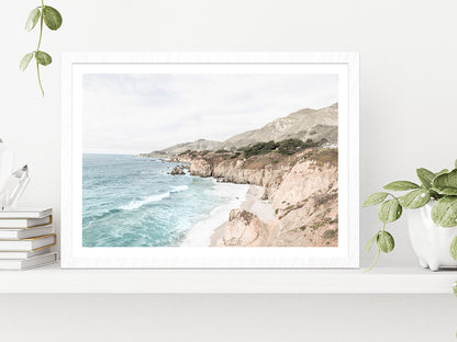 Rocky Sea Coast Faded Photograph Glass Framed Wall Art, Ready to Hang Quality Print With White Border White