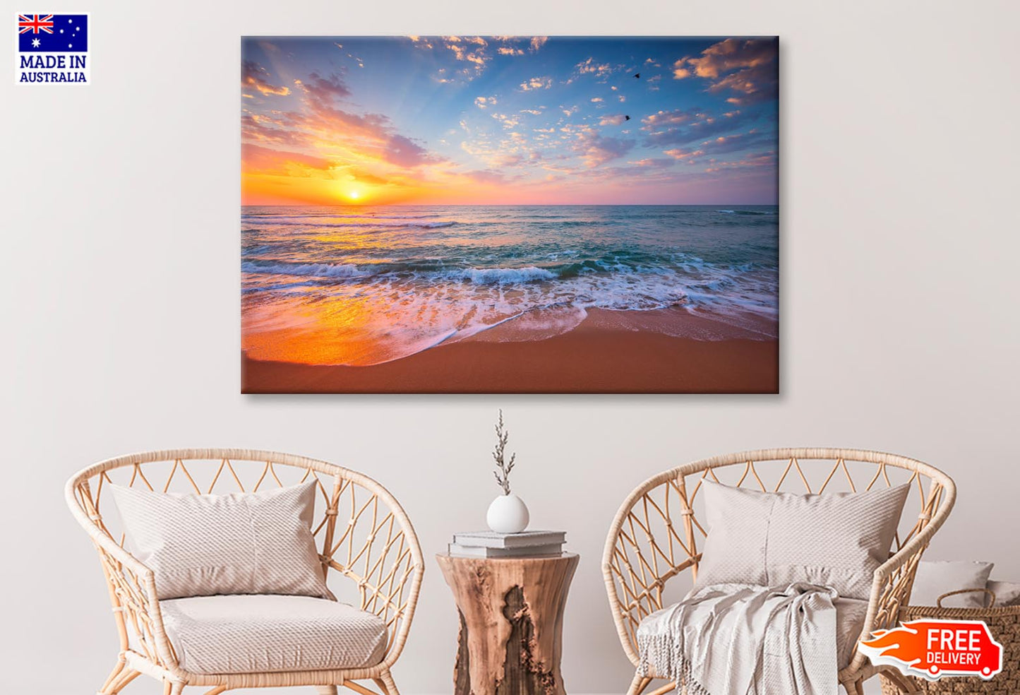 Tropical Color Island Beach Sunrise with Splashing Waves on The Sea Sand Wall Art Decor 100% Australian Made