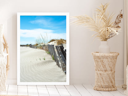 Old Wood Beach Fence near Sand Sea Photograph Glass Framed Wall Art, Ready to Hang Quality Print Without White Border White