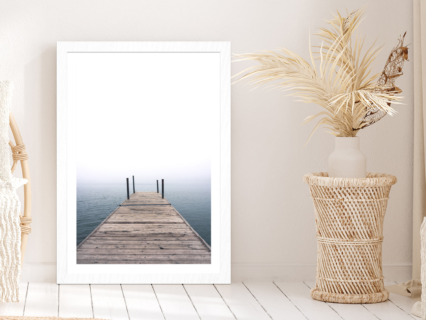 Wooden Pier on Lake Photograph Glass Framed Wall Art, Ready to Hang Quality Print With White Border White