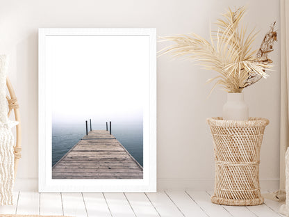 Wooden Pier on Lake Photograph Glass Framed Wall Art, Ready to Hang Quality Print With White Border White