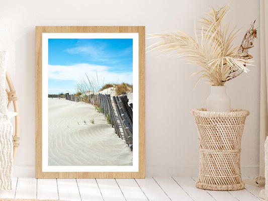 Old Wood Beach Fence near Sand Sea Photograph Glass Framed Wall Art, Ready to Hang Quality Print With White Border Oak