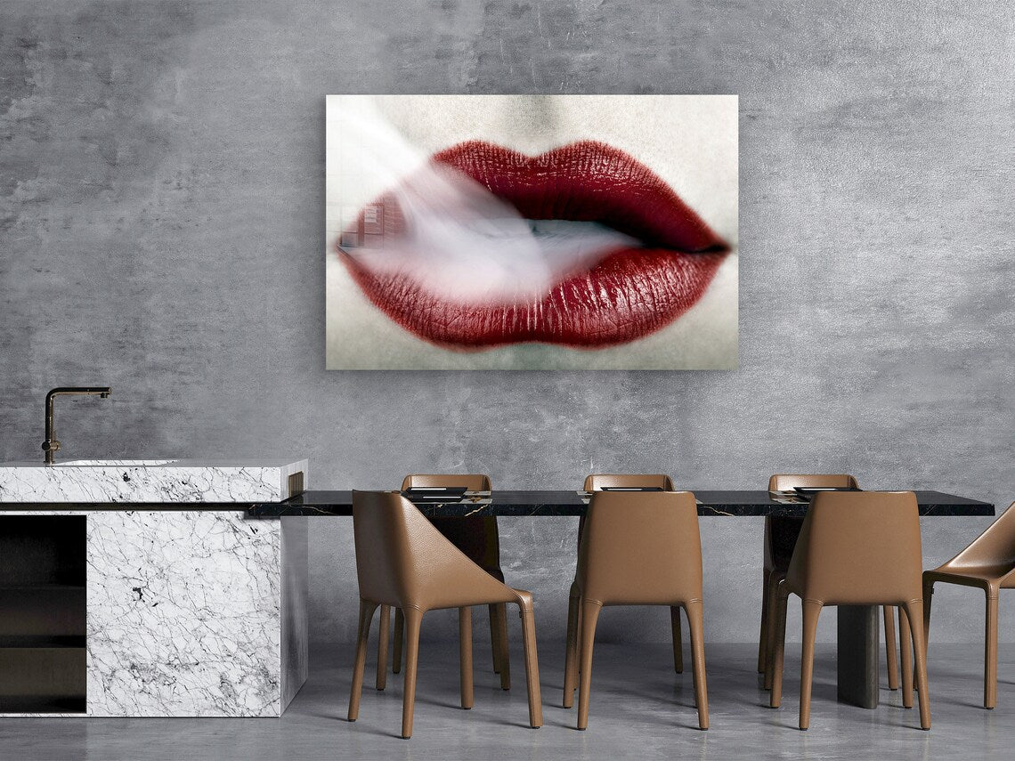 Smoke Red Lips Closeup UV Direct Aluminum Print Australian Made Quality