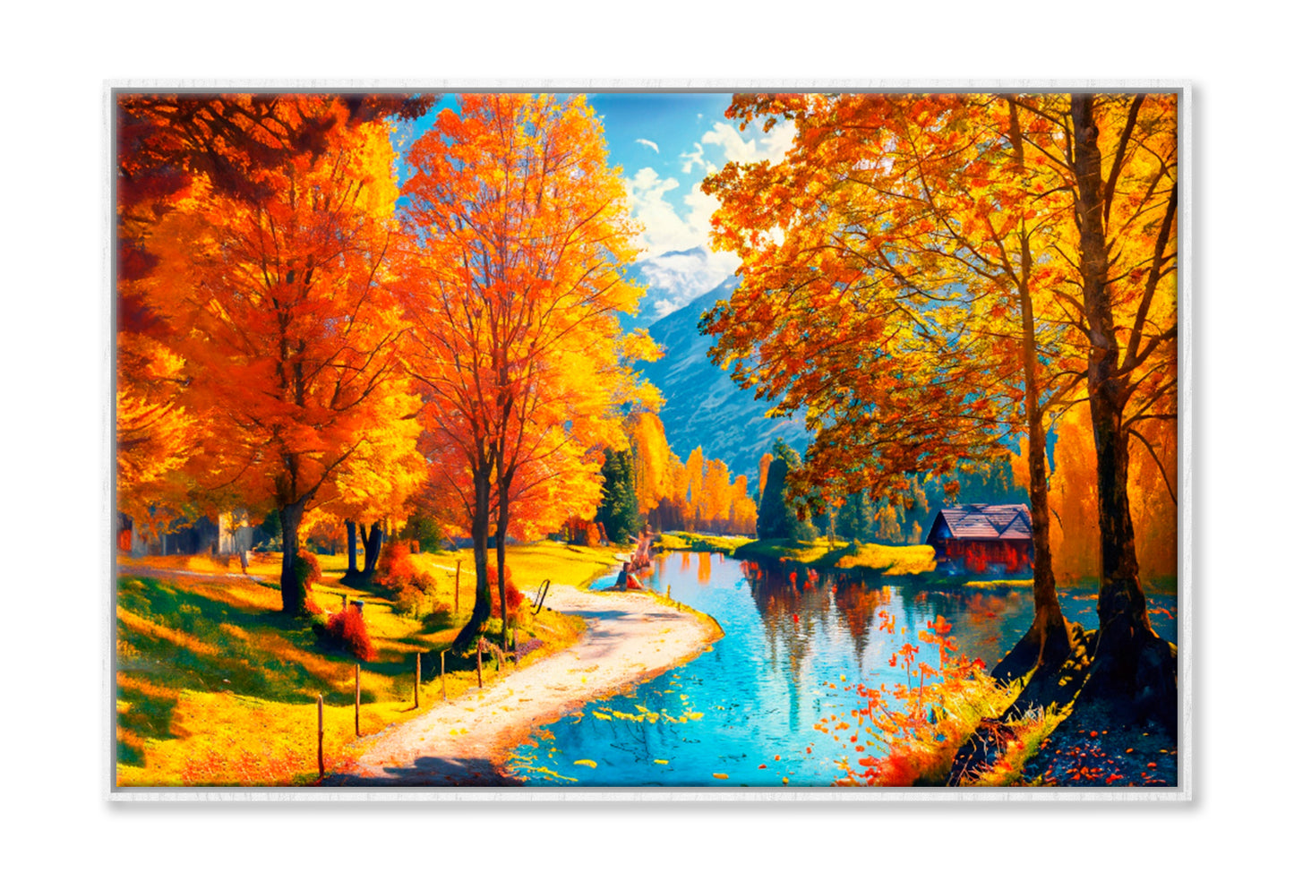 Reflection Of Autumn Trees In Water Oil Painting Wall Art Limited Edition High Quality Print Canvas Box Framed White