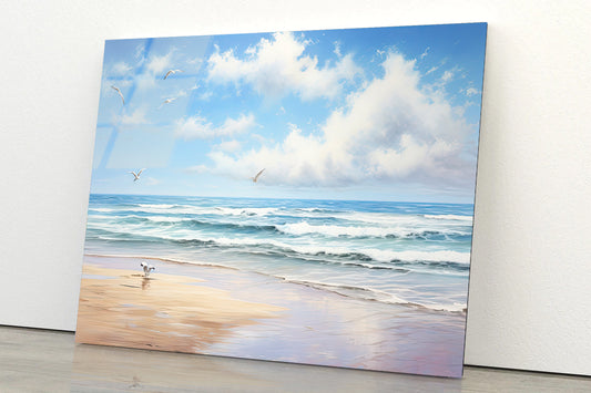 View of Birds Flying Over a Beach Acrylic Glass Print Tempered Glass Wall Art 100% Made in Australia Ready to Hang