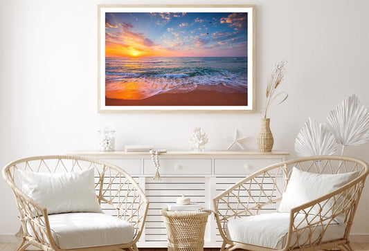 Tropical Color Island Beach Sunrise with Splashing Waves on The Sea Sand Home Decor Premium Quality Poster Print Choose Your Sizes