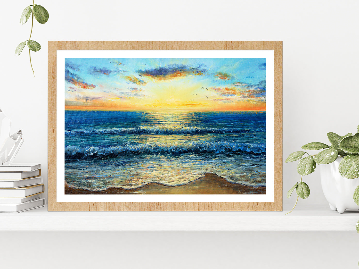 Waves In Sea & Sunset Over The Beach Glass Framed Wall Art, Ready to Hang Quality Print With White Border Oak