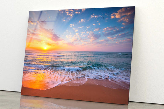 Tropical Color Island Beach Sunrise with Splashing Waves on The Sea Sand Acrylic Glass Print Tempered Glass Wall Art 100% Made in Australia Ready to Hang