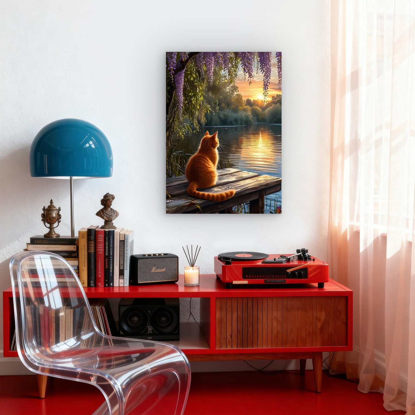 Orange Cat On Pier Lake Sunset 40x60cm Metal Print Ready to Hang - Bella Home Decor