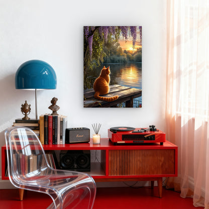 Orange Cat On Pier Lake Sunset 40x60cm Metal Print Ready to Hang - Bella Home Decor