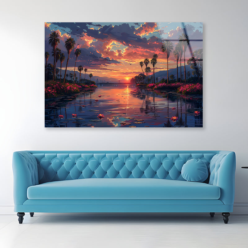 Lake Surrounded By Trees and Flowers Acrylic Glass Print Tempered Glass Wall Art 100% Made in Australia Ready to Hang - Bella Home Decor